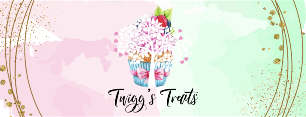 Twigg's Treat's banner. Pink and Green with a pretty cupcake and tree with heart leafs.